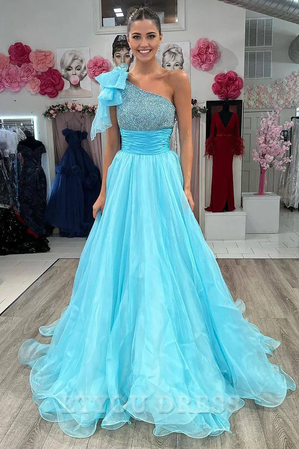 A Line One Shoulder Grand Beauty Sky Blue Long formal dresses Bridesmaid Dresses evening gown Prom Dress with Beading