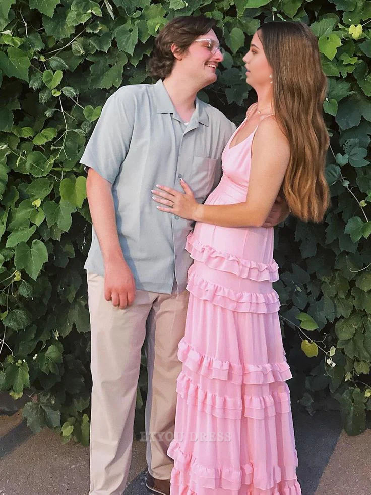 A Line V-Neck Spaghetti Straps Ruffles Pink formal dresses Bridesmaid Dresses evening gown Prom Dress