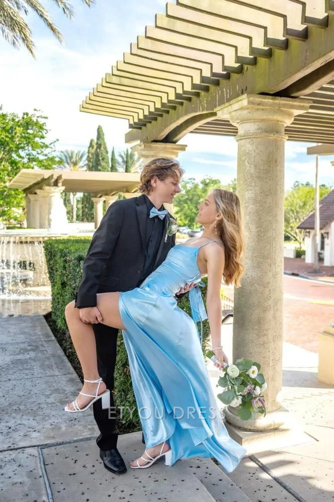 A line Straps Blue Satin formal dresses Bridesmaid Dresses evening gown Prom Dress