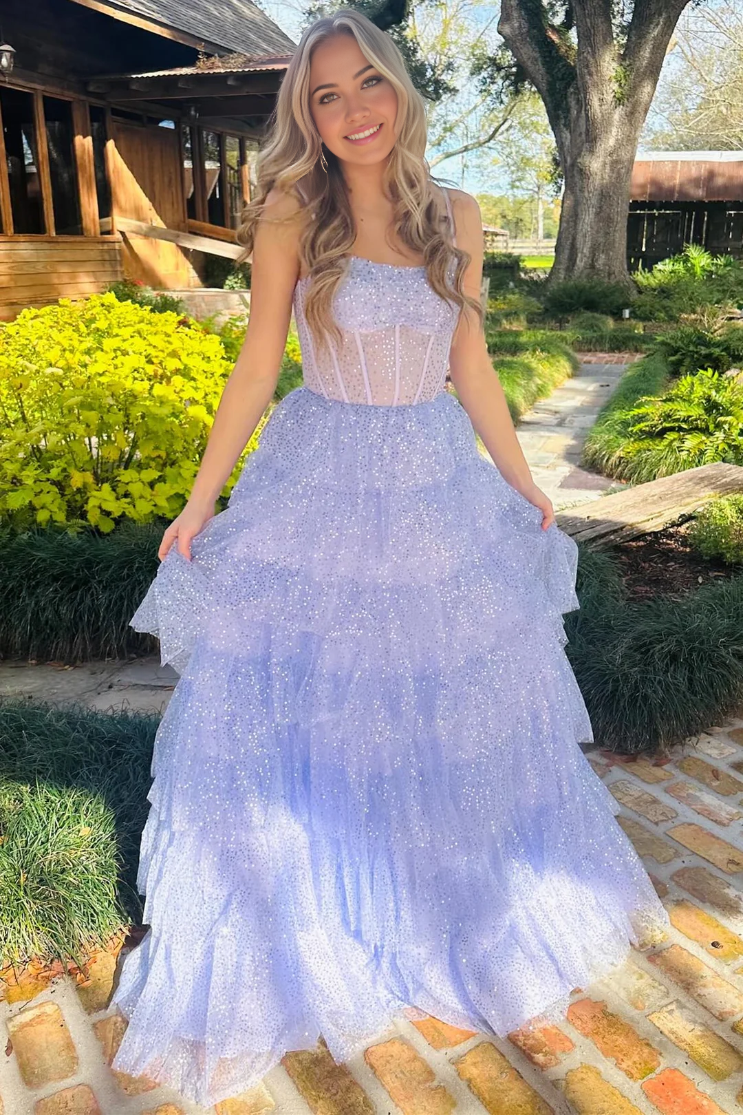 A-line Spaghetti Straps Tulle Sequin Ruffle Tiered Lavender Long formal dresses evening gown Prom Dress