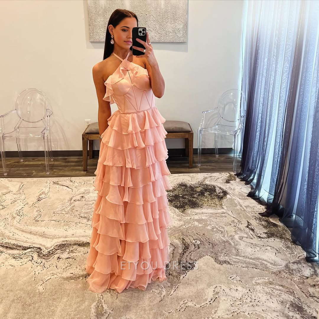 A Line Halter Tiered Pink Long formal dresses Bridesmaid Dresses evening gown Prom Dress