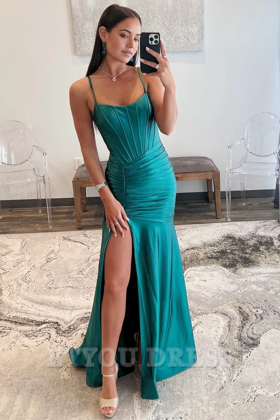 Sheath Scoop Neck Spaghetti Strap Hot Pink Long formal dresses Bridesmaid Dresses evening gown Prom Dress