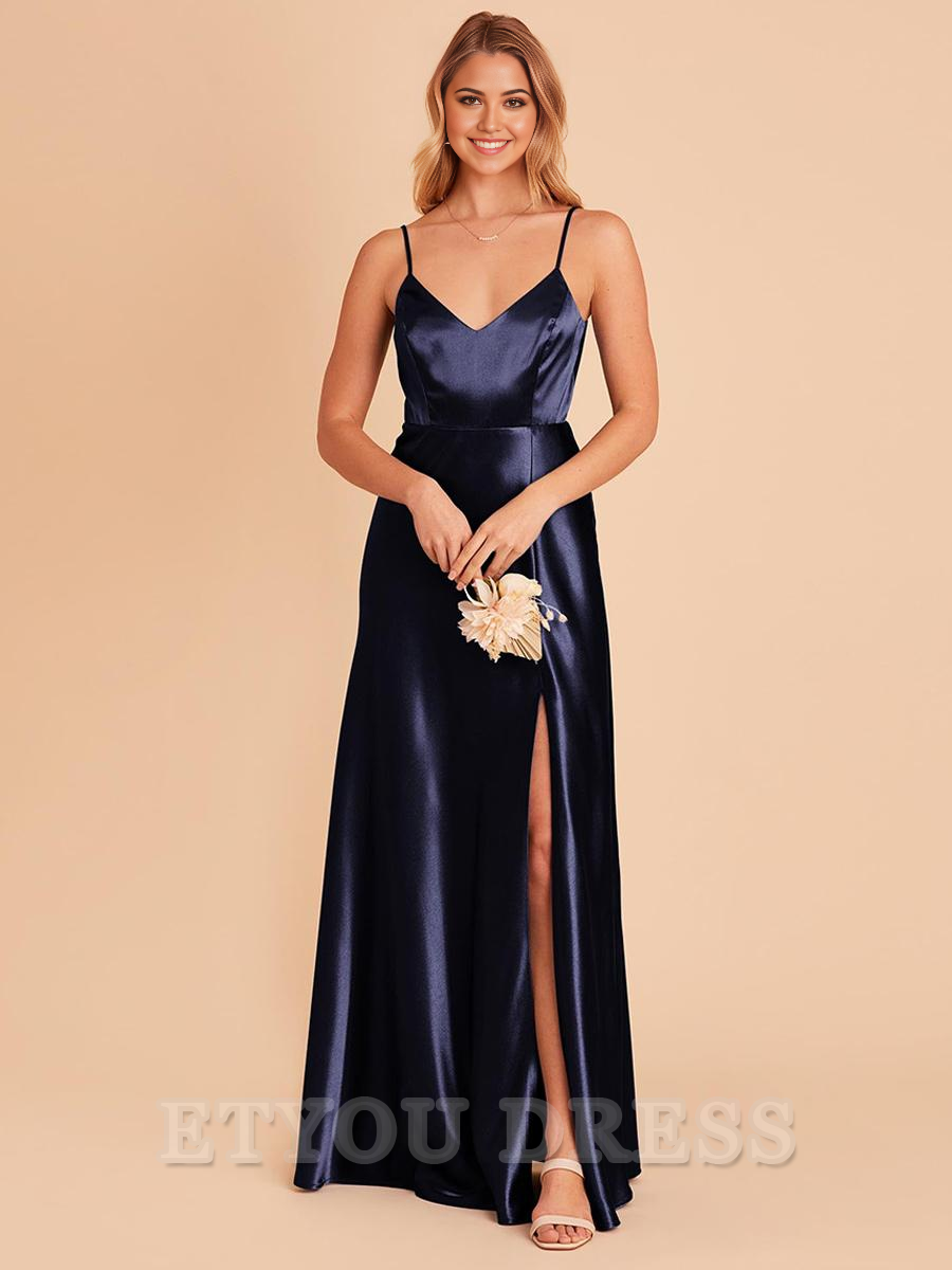 A-Line V-Neck Spaghetti Straps Floor-Length Backless Satin formal dresses Bridesmaid Dresses evening gown Prom Dress