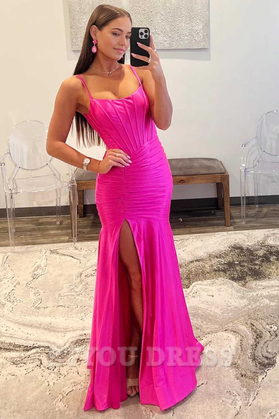 Sheath Scoop Neck Spaghetti Strap Hot Pink Long formal dresses Bridesmaid Dresses evening gown Prom Dress