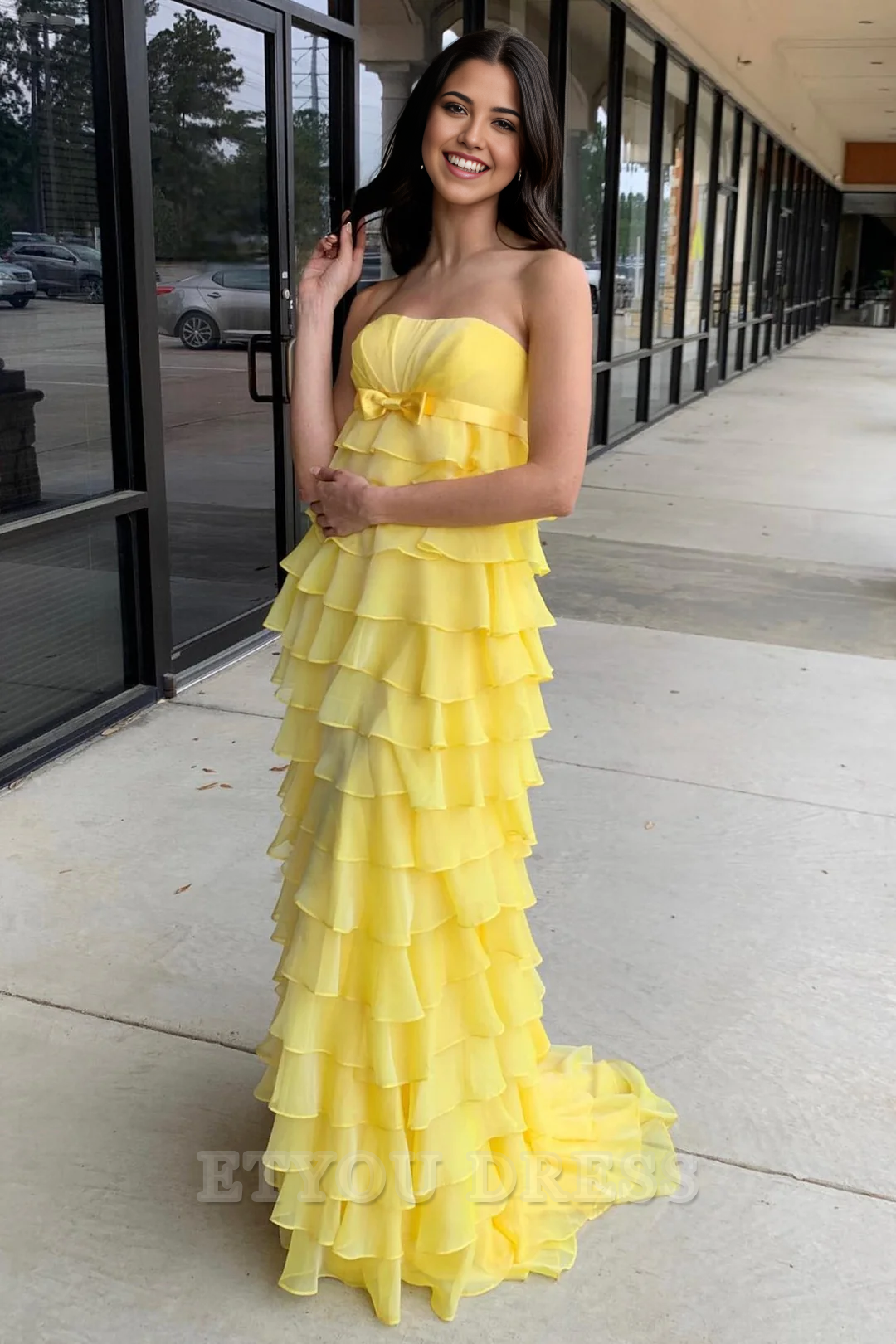Elegant Strapless High-Waist Ruffle Tiered Long formal dresses evening gown Prom Dress with Bow