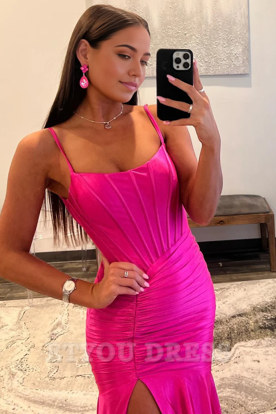 Sheath Scoop Neck Spaghetti Strap Hot Pink Long formal dresses Bridesmaid Dresses evening gown Prom Dress