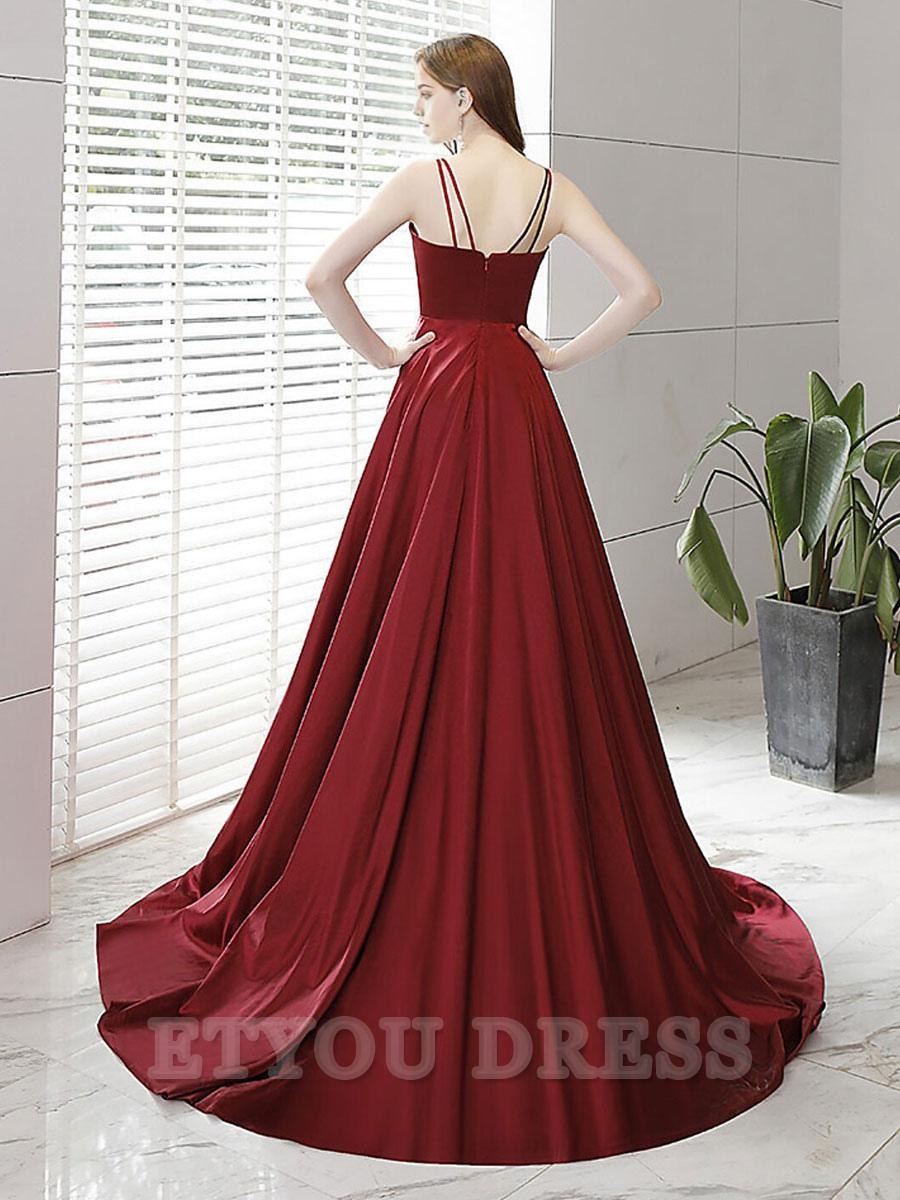 A-Line V-Neck Train Sleeveless Zipper Split Front Satin Social formal dresses Bridesmaid Dresses evening gown Prom Dress