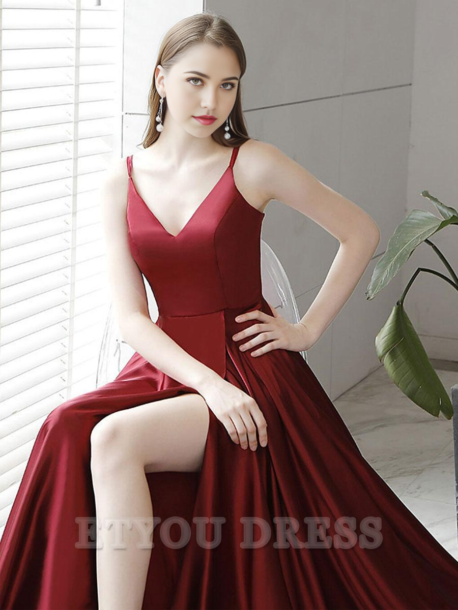 A-Line V-Neck Train Sleeveless Zipper Split Front Satin Social formal dresses Bridesmaid Dresses evening gown Prom Dress