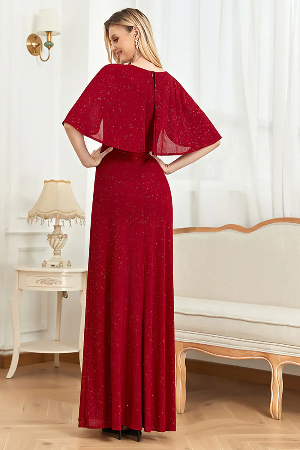 Glitter V-Neck Mother of the Bride Dress with Cape
