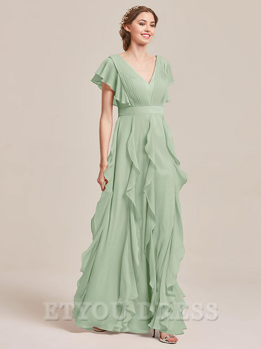 A-Line V-Neck Floor-Length Zipper Chiffon formal dresses Bridesmaid Dresses evening gown Prom Dress