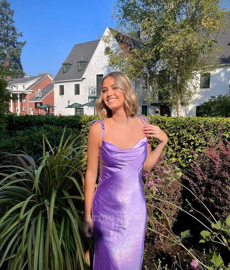 Sheath Spaghetti Straps Light Purple Satin formal dresses Bridesmaid Dresses evening gown Prom Dress