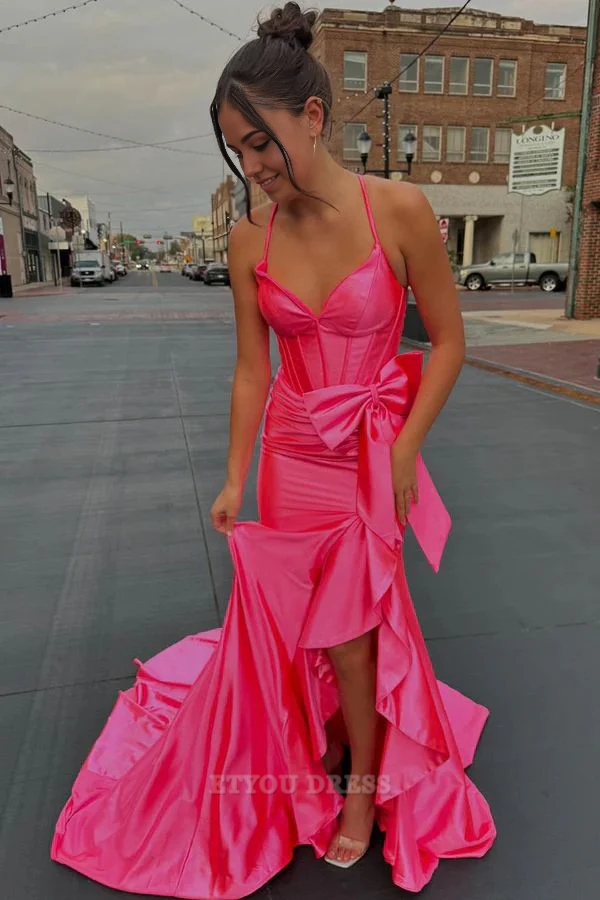 Mermaid V-Neck Spaghetti Straps Ruffles Hot Pink Slit formal dresses Bridesmaid Dresses evening gown Prom Dress