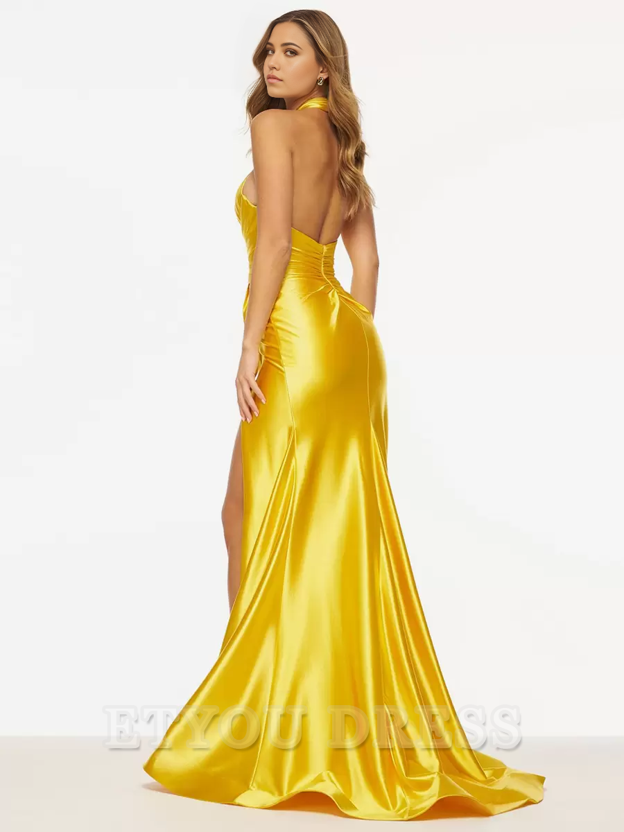 Mermaid Halter Satin Sweep Split Front Social formal dresses Bridesmaid Dresses evening gown Prom Dress