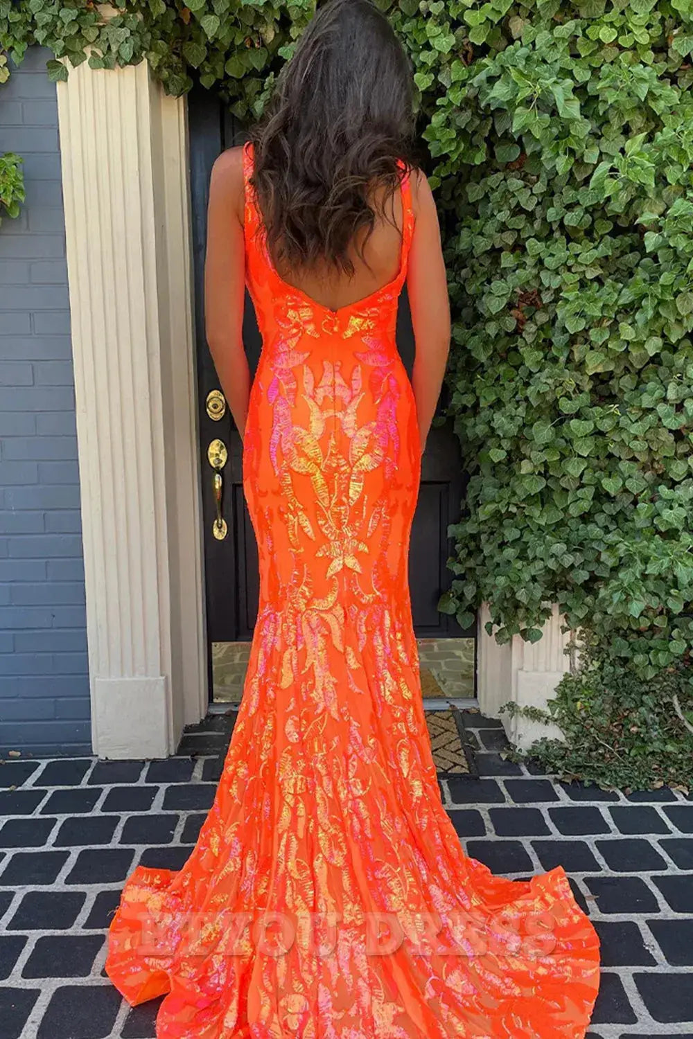 Mermaid Sparkly Sequin V-Neck Orange Long formal dresses evening gown Prom Dress Homecoming Dress