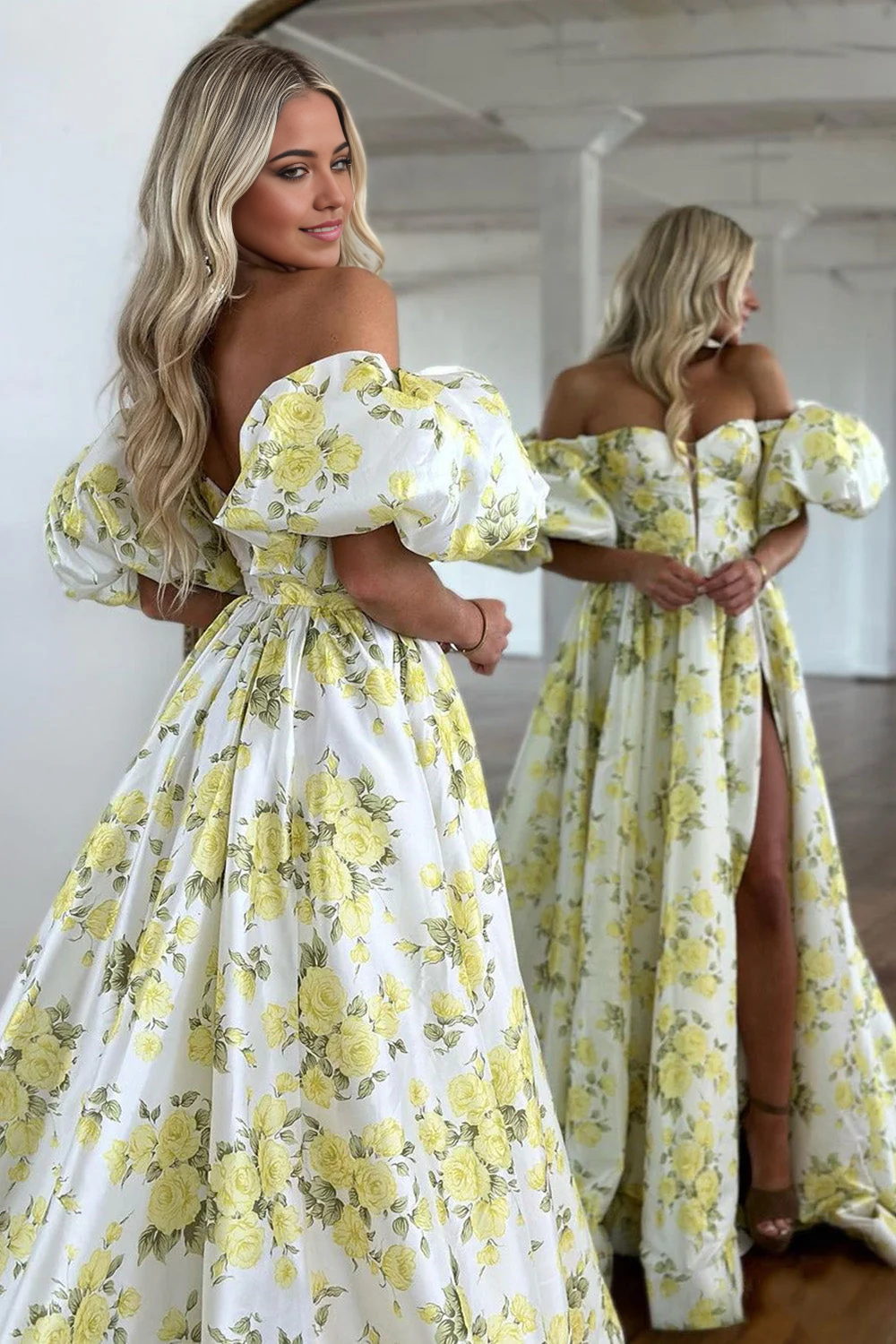 A-Line Off The Shoulder Puff Sleeves Yellow Long formal dresses evening dress Prom Dresses With Slit