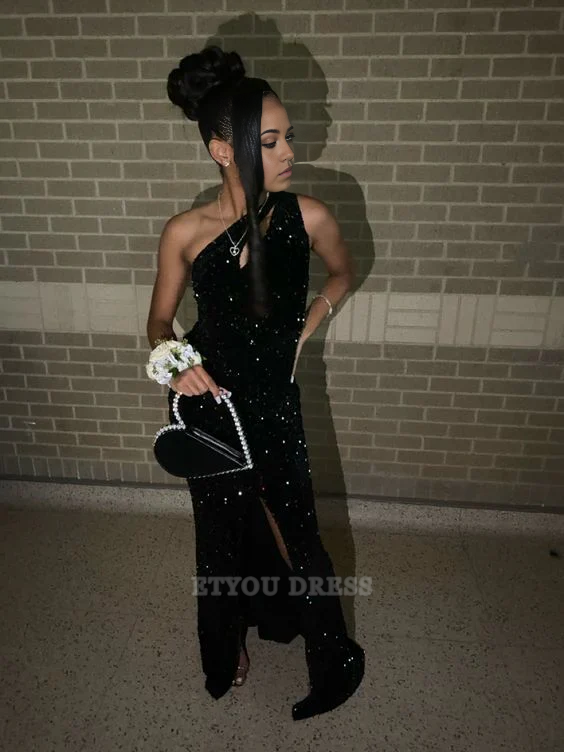 Mermaid One Shoulder Sequin Black formal dresses Bridesmaid Dresses evening gown Prom Dress
