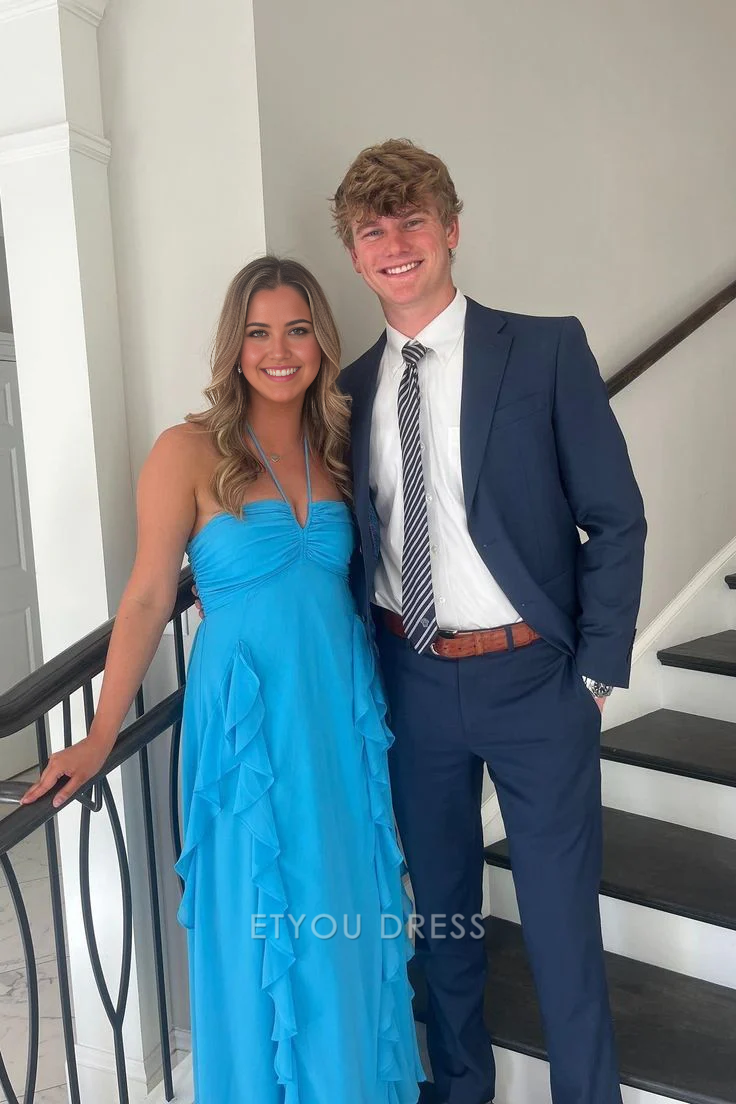 A-line Halter Ruffle Chiffon Blue formal dresses Bridesmaid Dresses evening gown Prom Dress