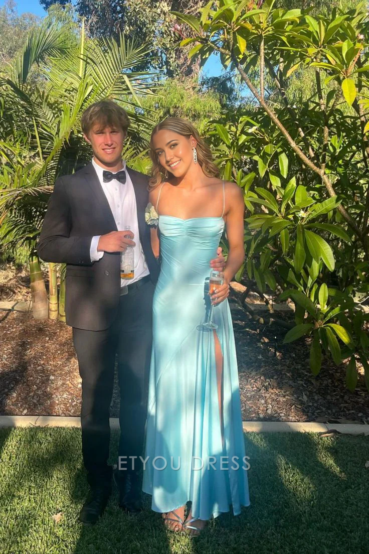 A Line Spaghetti Straps Blue formal dresses Bridesmaid Dresses evening gown Prom Dress With Slit