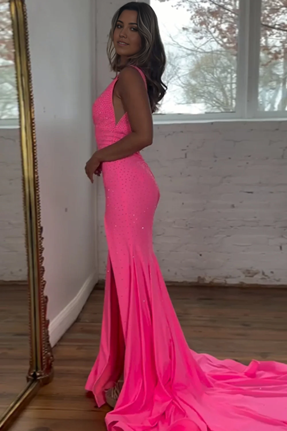 Mermaid Sparkly V-Neck Sweep Train Beaded Pink Prom Dress With Split