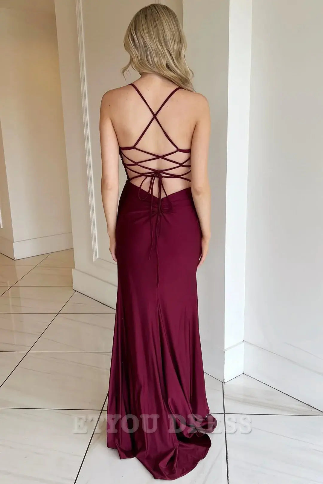 Sheath V-Neck Lace-Up Backless Burgundy Long formal dresses evening gown Prom Dress with Slit