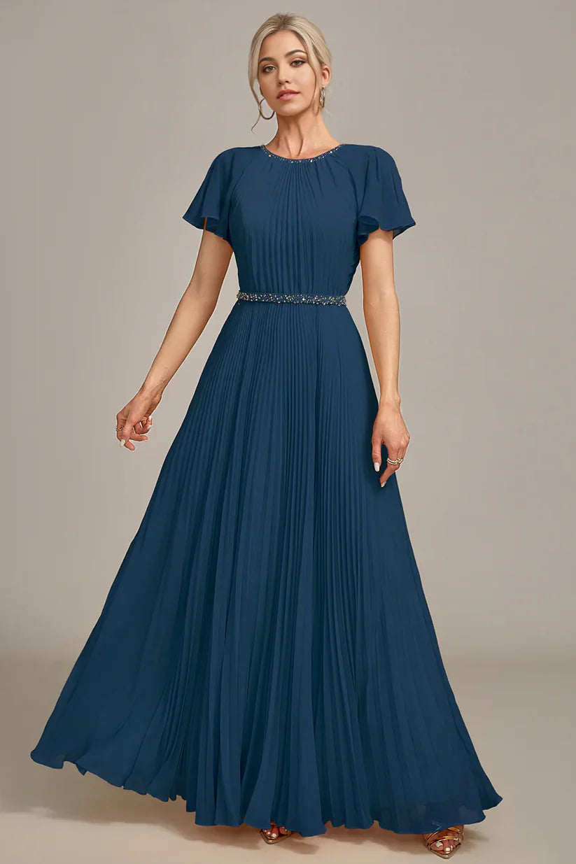 A-Line Round Neck Pleated Mother of Bride Dress With Short Sleeves
