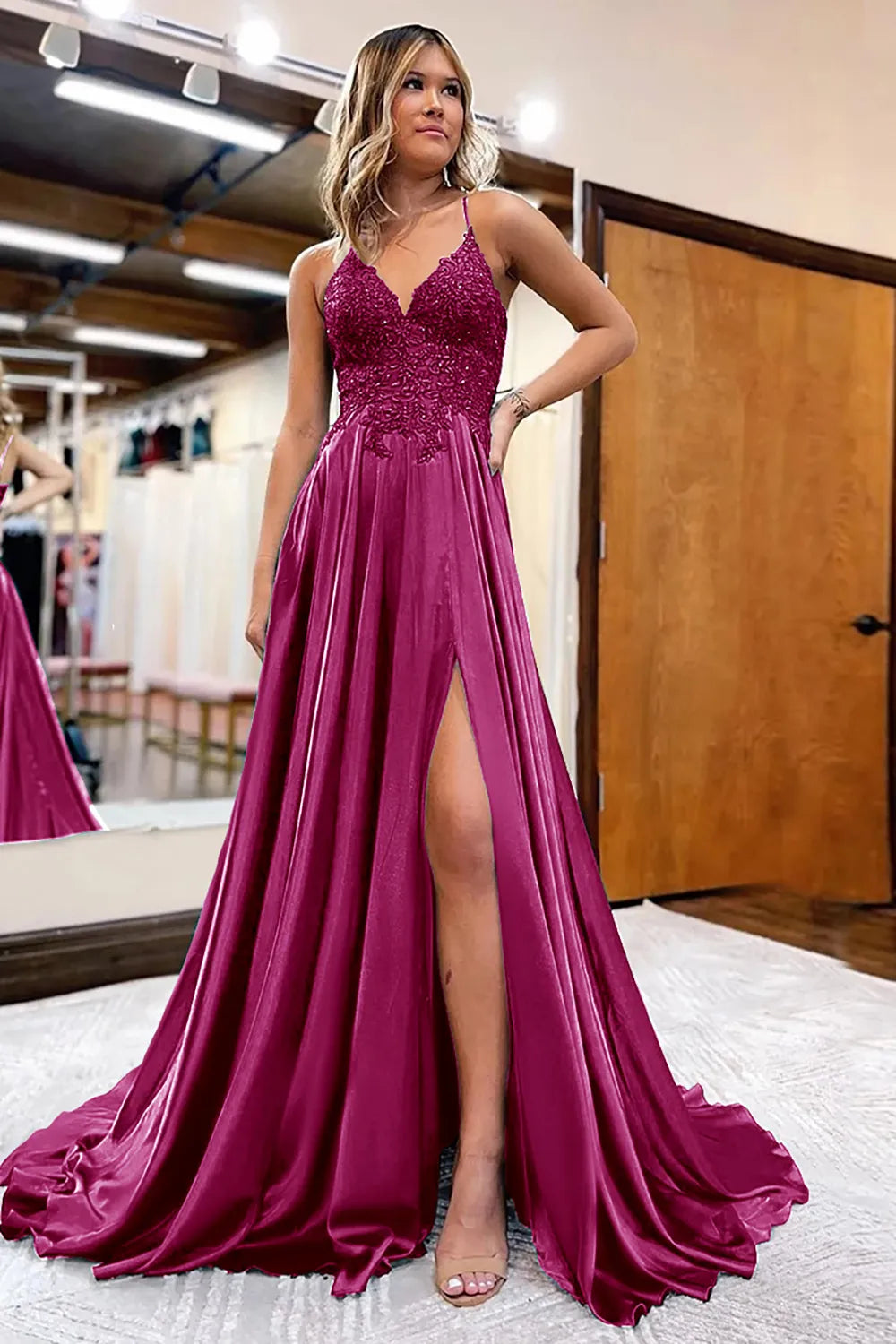 A-Line Satin Appliques Prom Dress with Slit