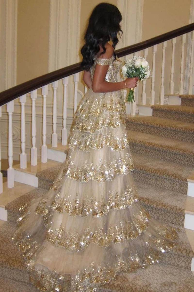 Sparkly Sweetheart Ball Gown Gold Sequins formal dresses evening gown Long Prom Dresses