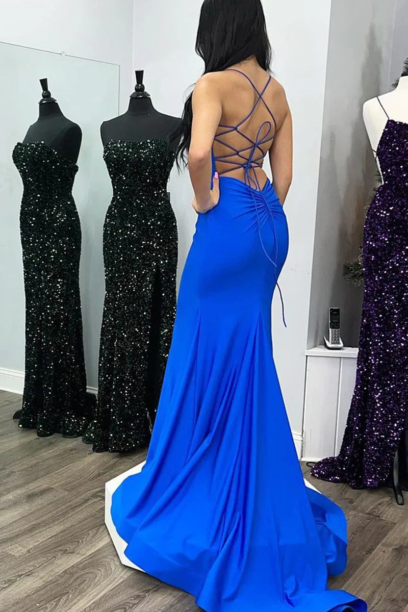Mermaid V Neck Charming Royal Blue Satin Long Prom Dresses with Lace-up