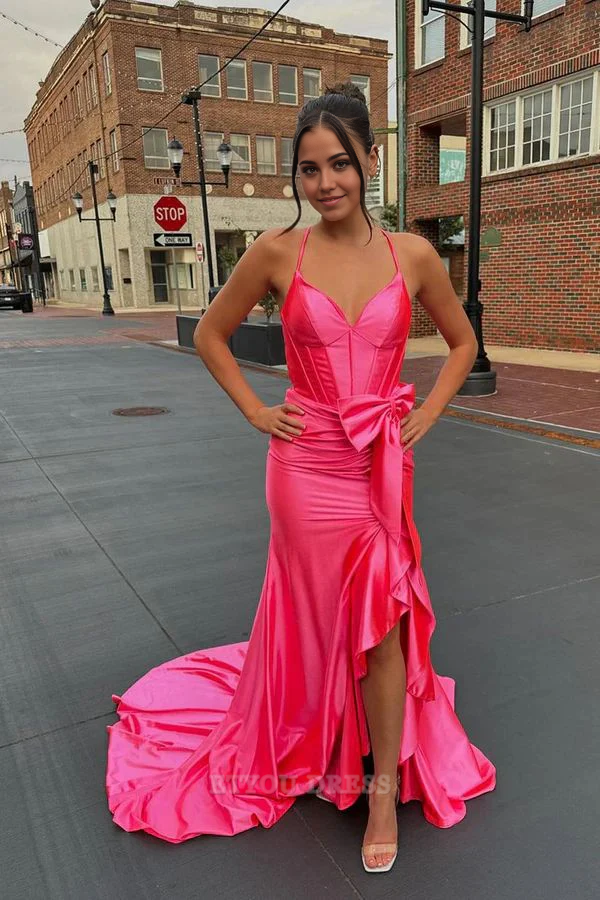 Mermaid V-Neck Spaghetti Straps Ruffles Hot Pink Slit formal dresses Bridesmaid Dresses evening gown Prom Dress