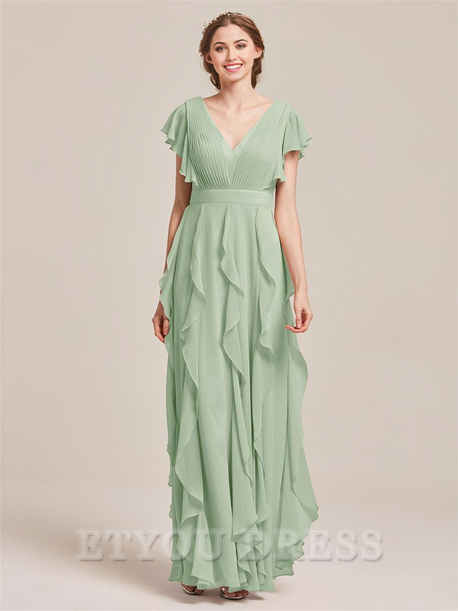 A-Line V-Neck Floor-Length Zipper Chiffon formal dresses Bridesmaid Dresses evening gown Prom Dress