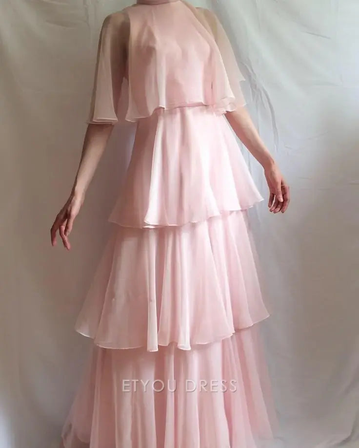 A Line Tiered Pink Chiffon formal dresses Bridesmaid Dresses evening gown Prom Dress
