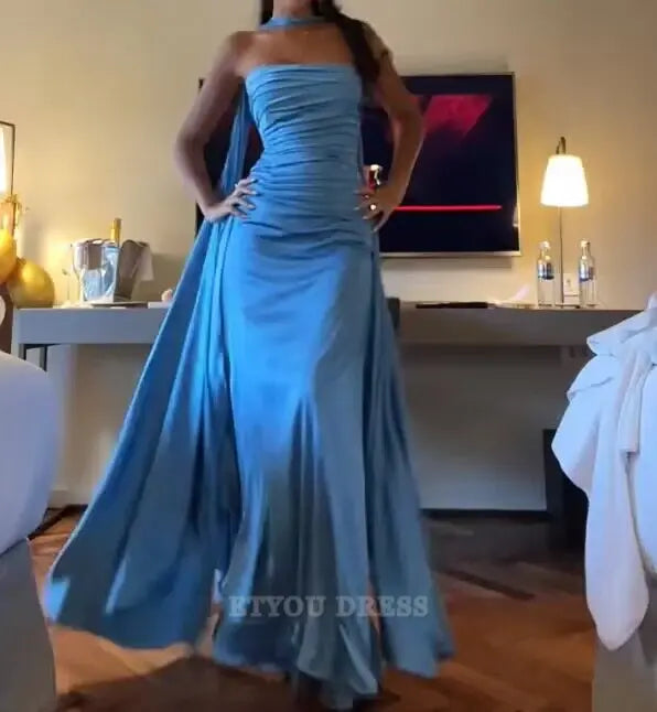 A Line Strapless Satin Blue Long formal dresses Bridesmaid Dresses evening gown Prom Dress