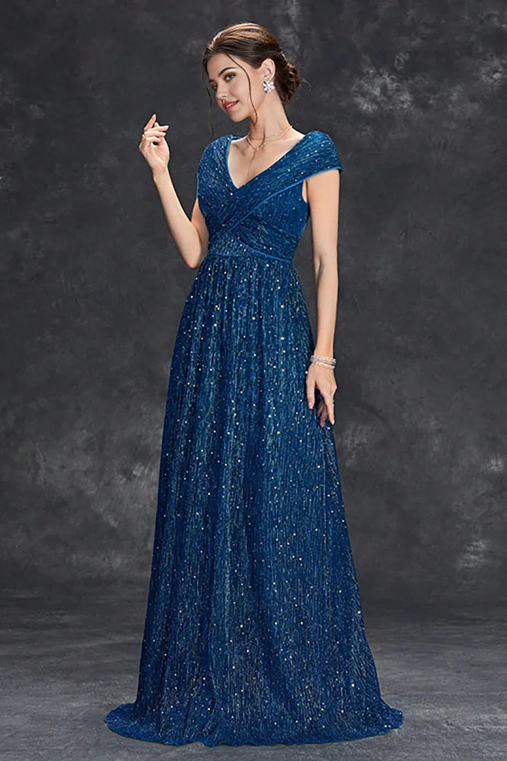 A-Line V-Neck Sparkly Long Formal Dress