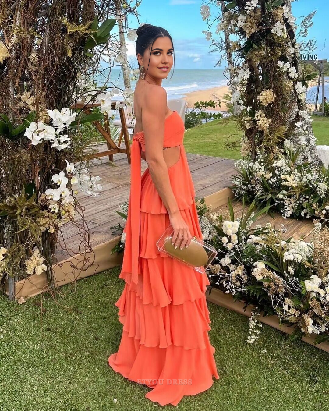 A Line Strapless Backless Orange Long formal dresses Bridesmaid Dresses evening gown Prom Dress