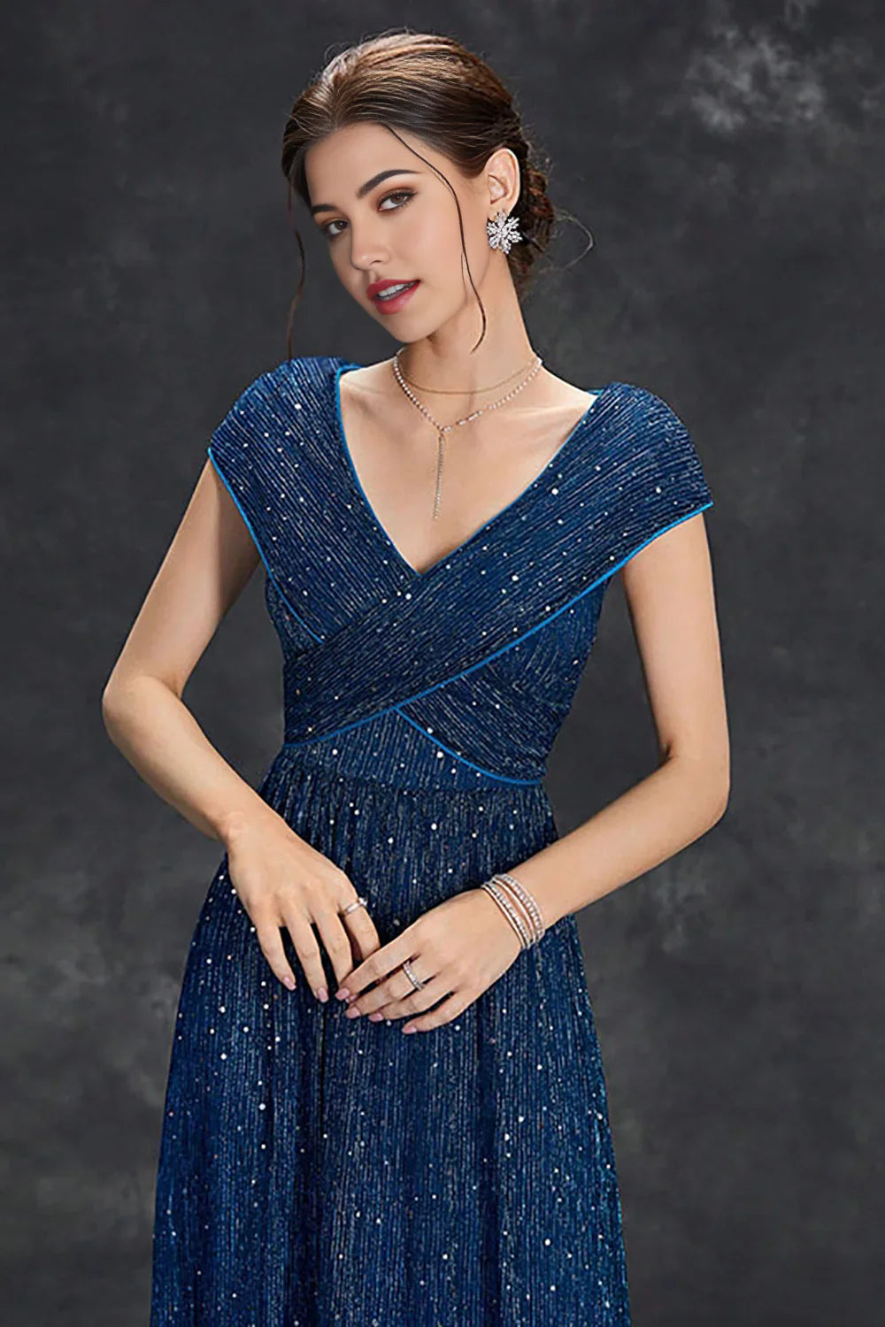A-Line V-Neck Sparkly Long Formal Dress