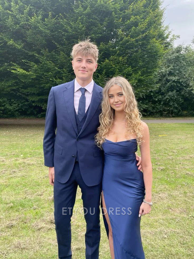 Sheath Strapless Navy Blue Long formal dresses Bridesmaid Dresses evening gown Prom Dress With Slit