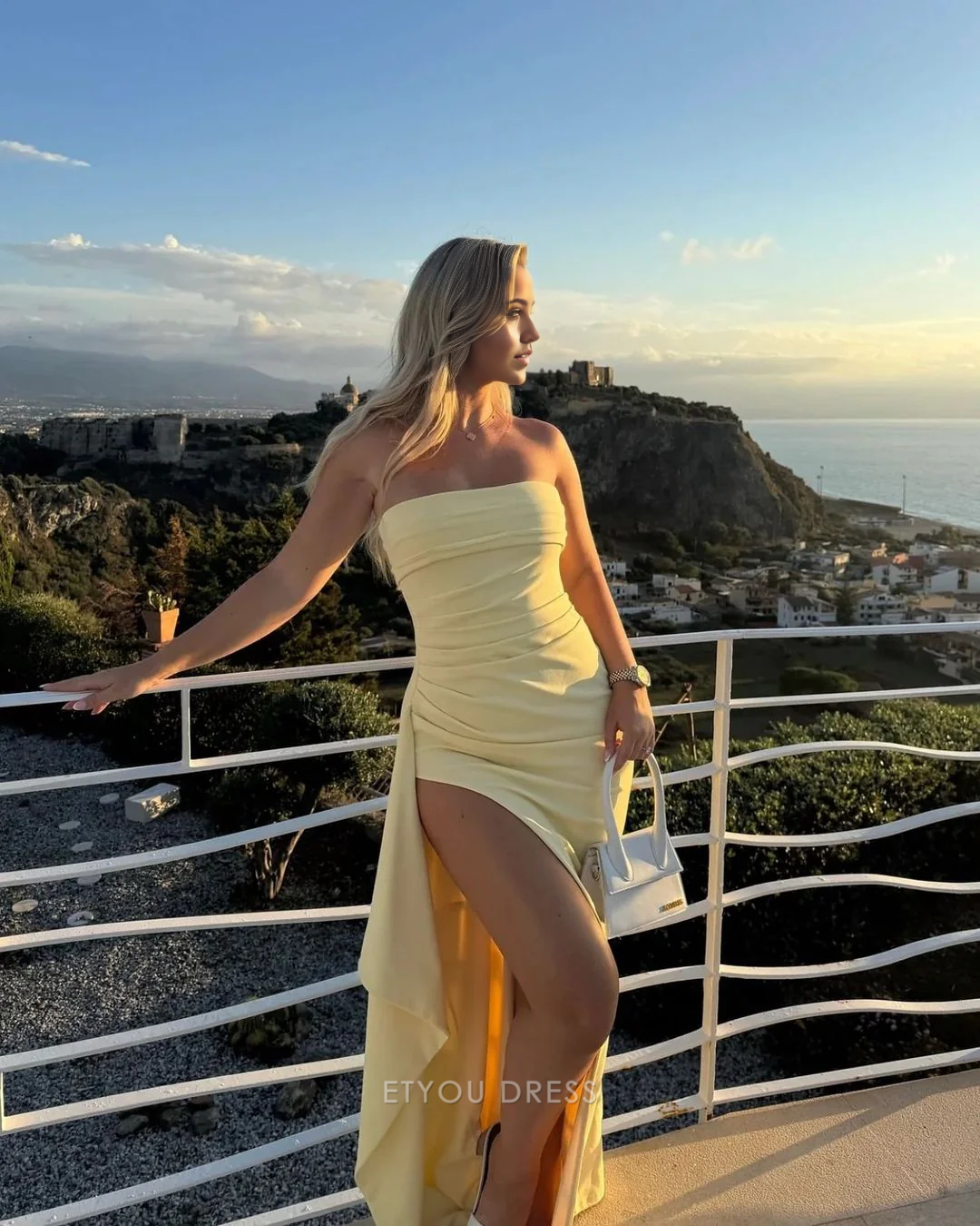 Sheath Strapless Yellow Slit Long formal dresses Bridesmaid Dresses evening gown Prom Dress