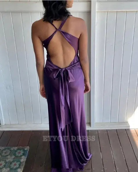 Mermaid Halter V-Neck Satin Purple Long formal dresses Bridesmaid Dresses evening gown Prom Dress