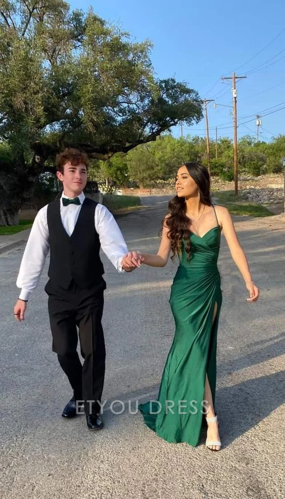 Mermaid Spaghetti Straps Green Long formal dresses Bridesmaid Dresses evening gown Prom Dress With Slit