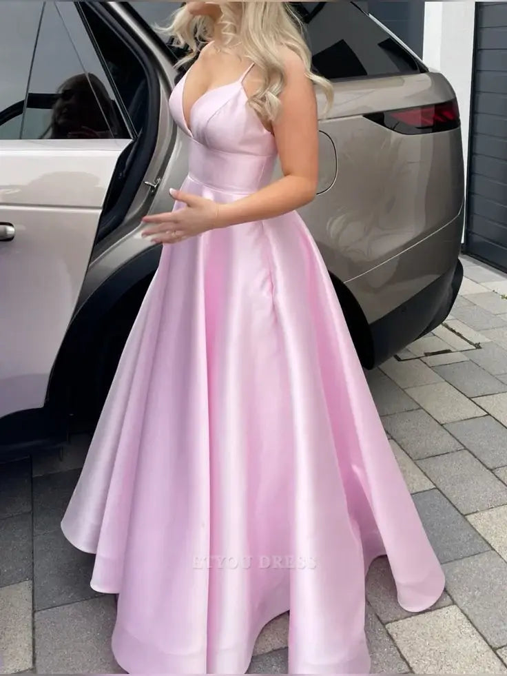 A Line V-Neck Spaghetti Straps Satin Pink formal dresses Bridesmaid Dresses evening gown Prom Dress