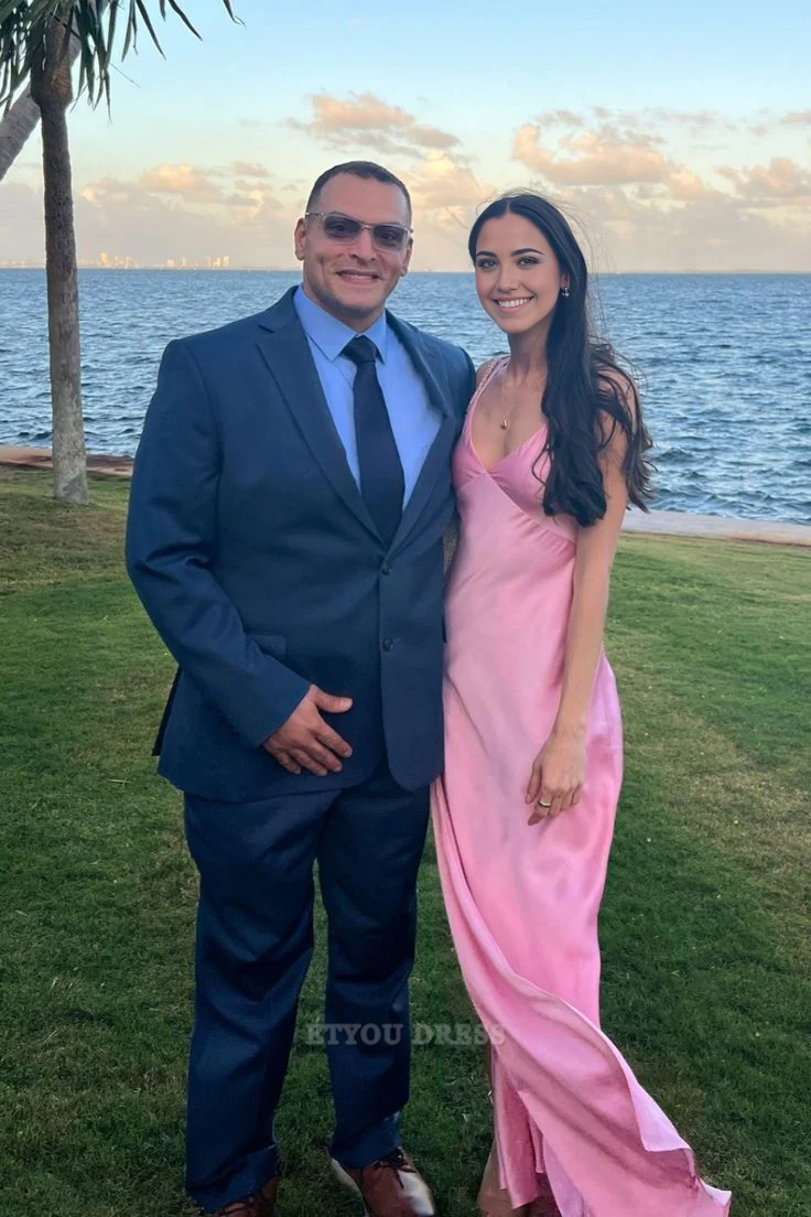 Sheath V Neck Pink Satin Long formal dresses Bridesmaid Dresses evening gown Prom Dress With Split