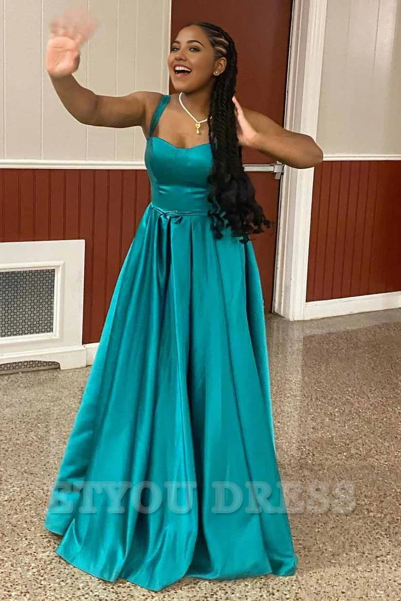 A-Line Scoop Straps Pleated Satin Sleeveless Long formal dresses evening gown Prom Dress