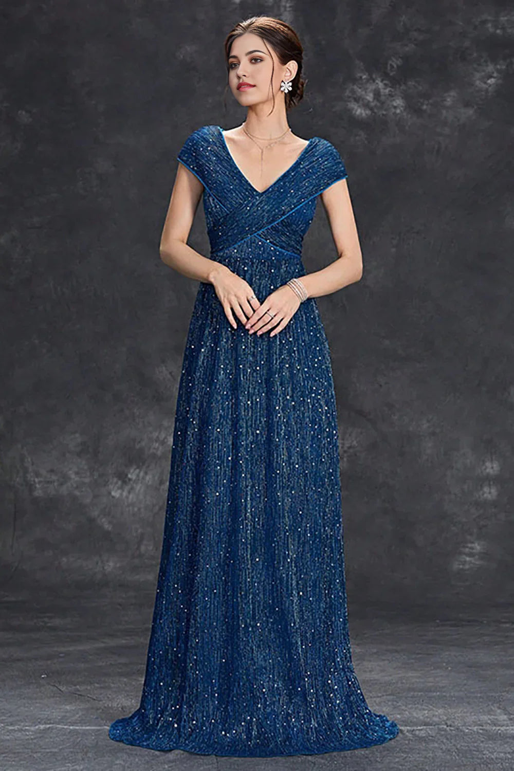 A-Line V-Neck Sparkly Long Formal Dress