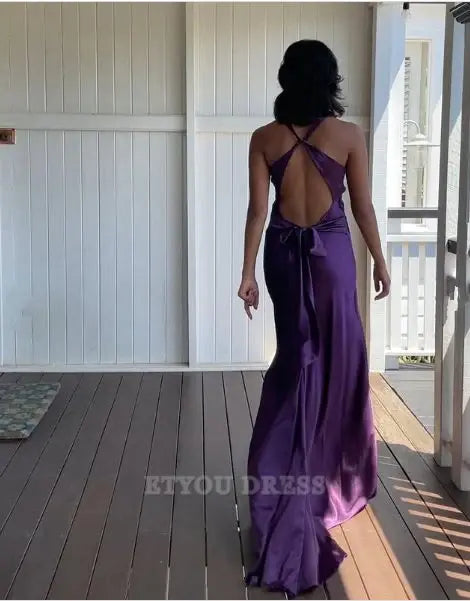 Mermaid Halter V-Neck Satin Purple Long formal dresses Bridesmaid Dresses evening gown Prom Dress