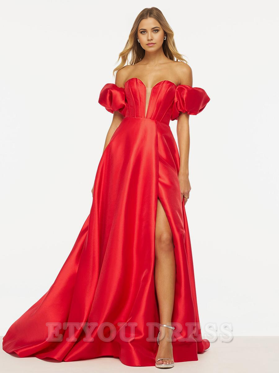 A-Line V-Neck Satin Sweep Split Front formal dresses Bridesmaid Dresses evening gown Prom Dress