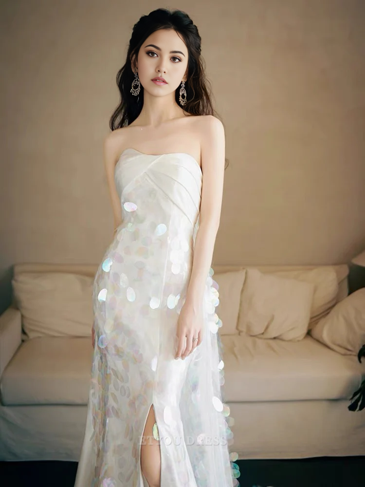 A Line Elegant Strapless Sequin White Long formal dresses Bridesmaid Dresses evening gown Prom Dress