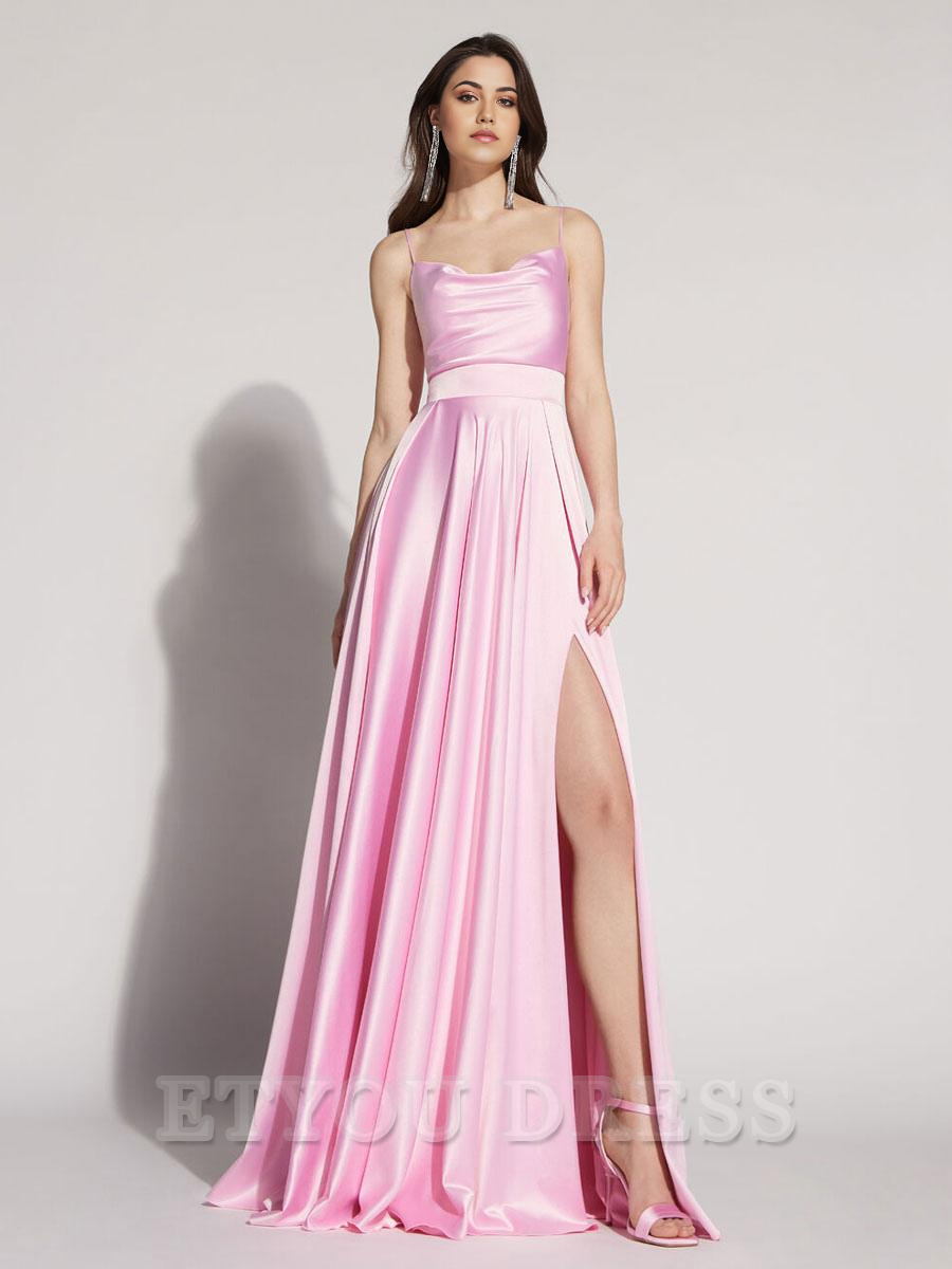 A-Line Square Neck Sleeveless Backless Split Front Satin formal dresses Bridesmaid Dresses evening gown Prom Dress