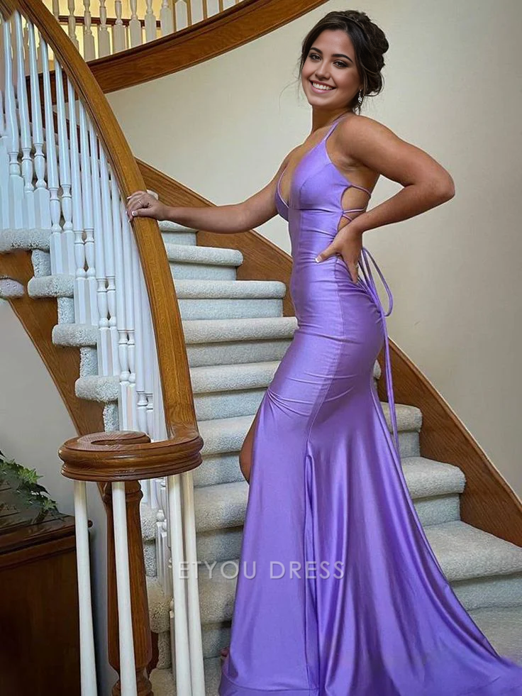Mermaid V-Neck Lace-up Back Lilac Straps formal dresses Bridesmaid Dresses evening gown Prom Dress
