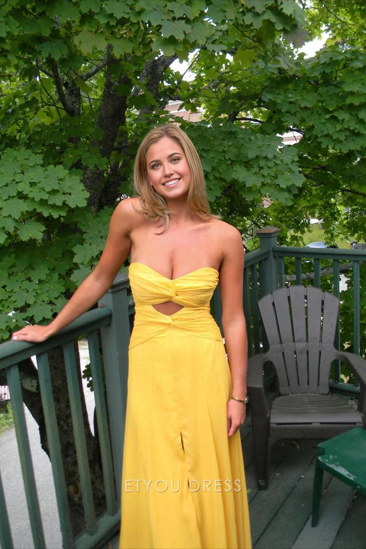 A-line Sweetheart Strapless Yellow Long formal dresses Bridesmaid Dresses evening gown Prom Dress