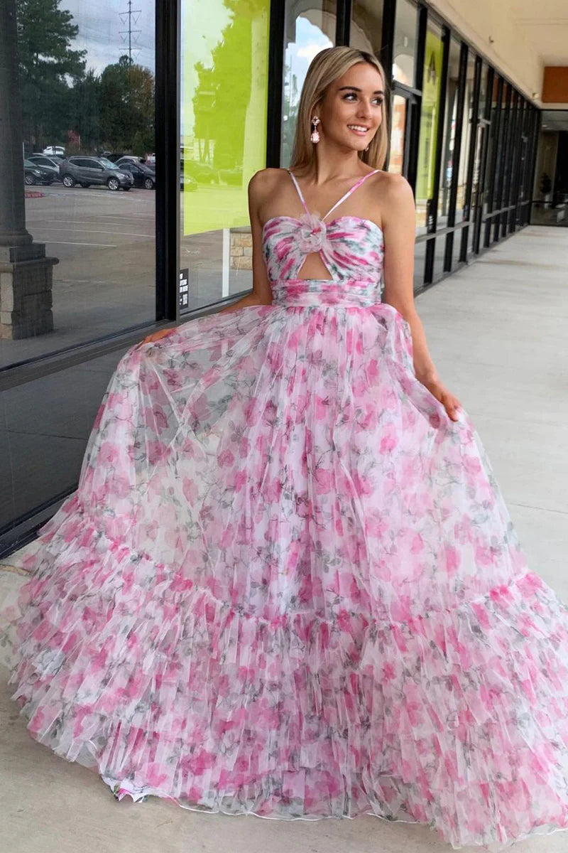 A Line Sweetheart Floral Print Tulle Long Prom Dresses